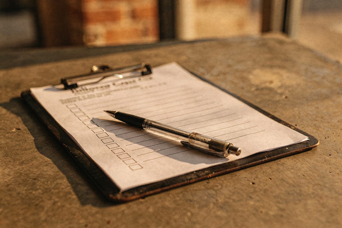 Checklist dokumen transaksi di atas clipboard di meja studio